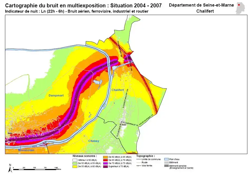 Beispiel einer Lärmkarte (Chalifert, Frankreich)